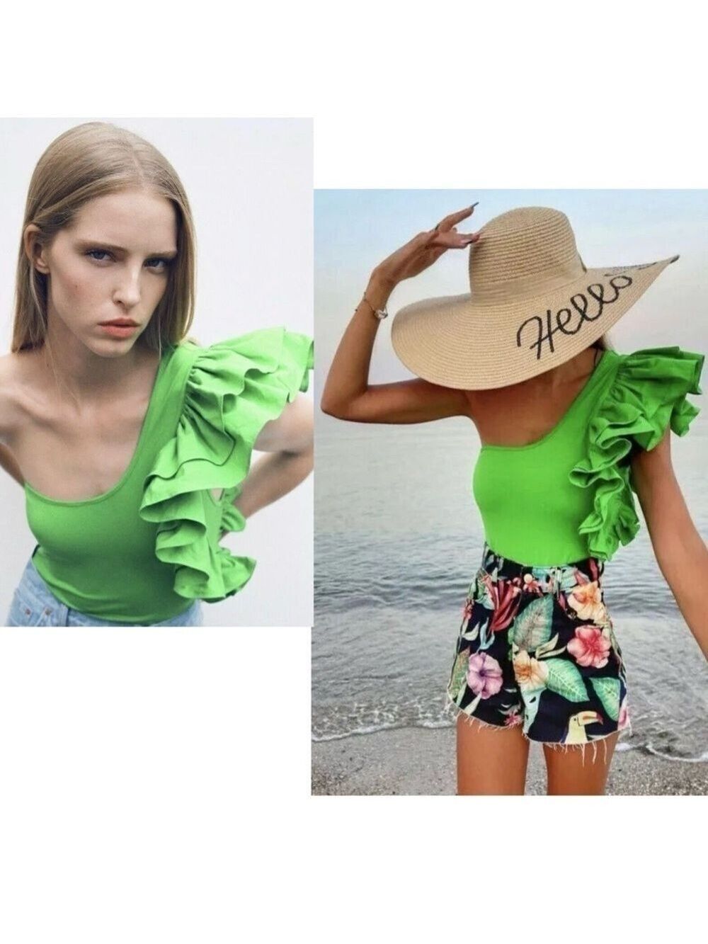 Zara green asymmetrical one shoulder ruffle frill neon fluorescent bodysuit Sz M